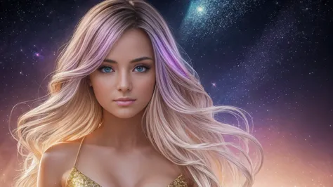 Create a stunning portrait of an ethereal young woman surrounded by a mesmerizing display of magical elements. The woman should ...