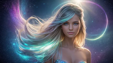 Create a stunning portrait of an ethereal young woman surrounded by a mesmerizing display of magical elements. The woman should ...