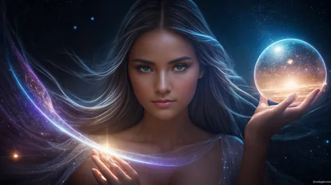 "A stunning portrait of an enchanting young woman surrounded by a mesmerizing aura of magical stardust. Her delicate features ar...