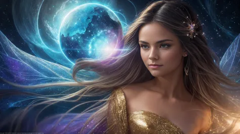 "A stunning portrait of an enchanting young woman surrounded by a mesmerizing aura of magical stardust. Her delicate features ar...