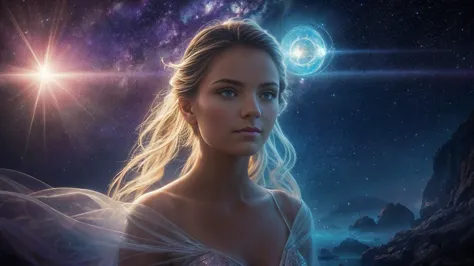 "a stunning portrait of an enchanting young woman surrounded by a mesmerizing aura of magical stardust. her delicate features ar...