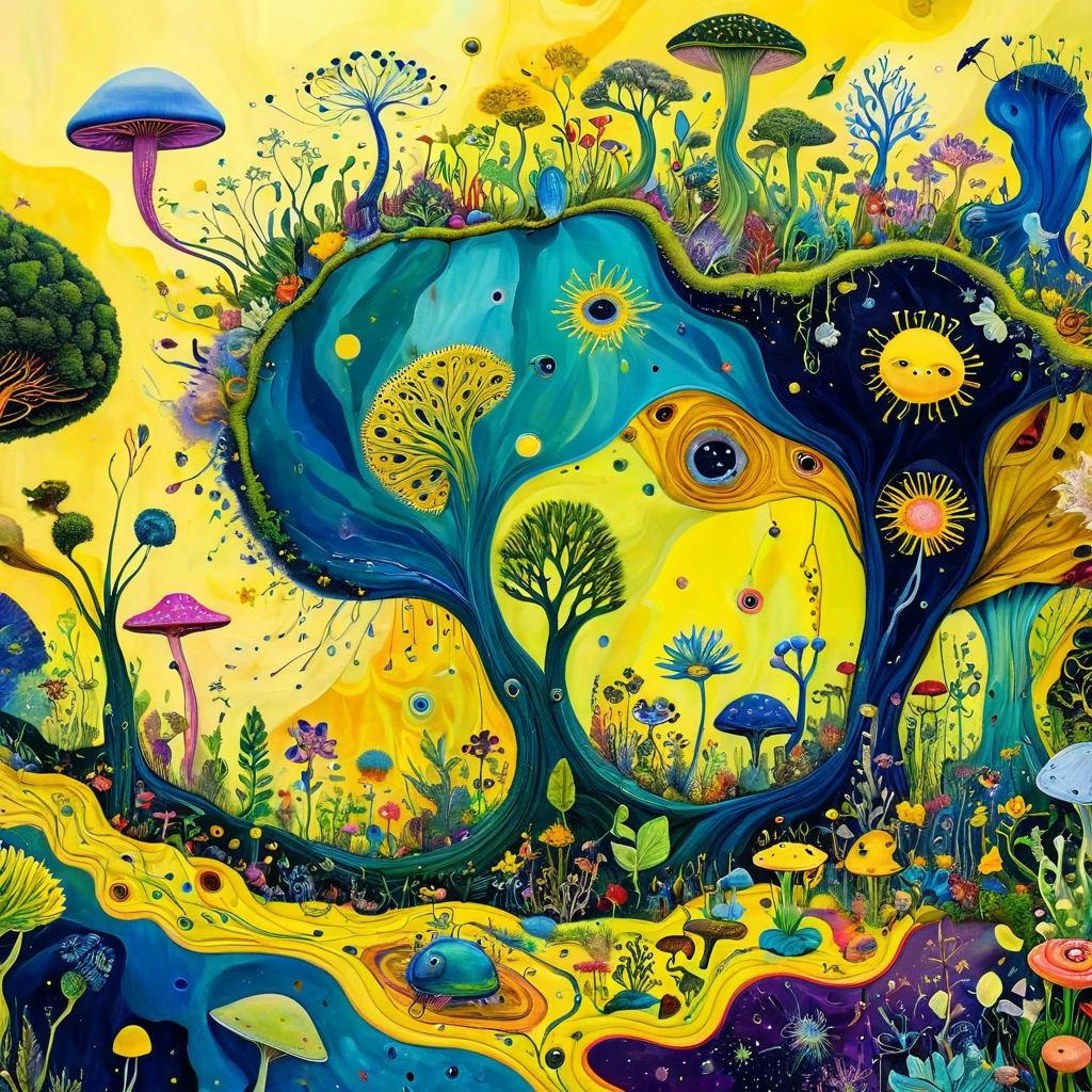 Intense visual fusion of various elements，broto，microorganism、plantar、wild animal life，Stitching an abstract painting，Describing the inner world of autistic people，Sense of space，blank space，interesting，innocence，psychedelic art，yellow