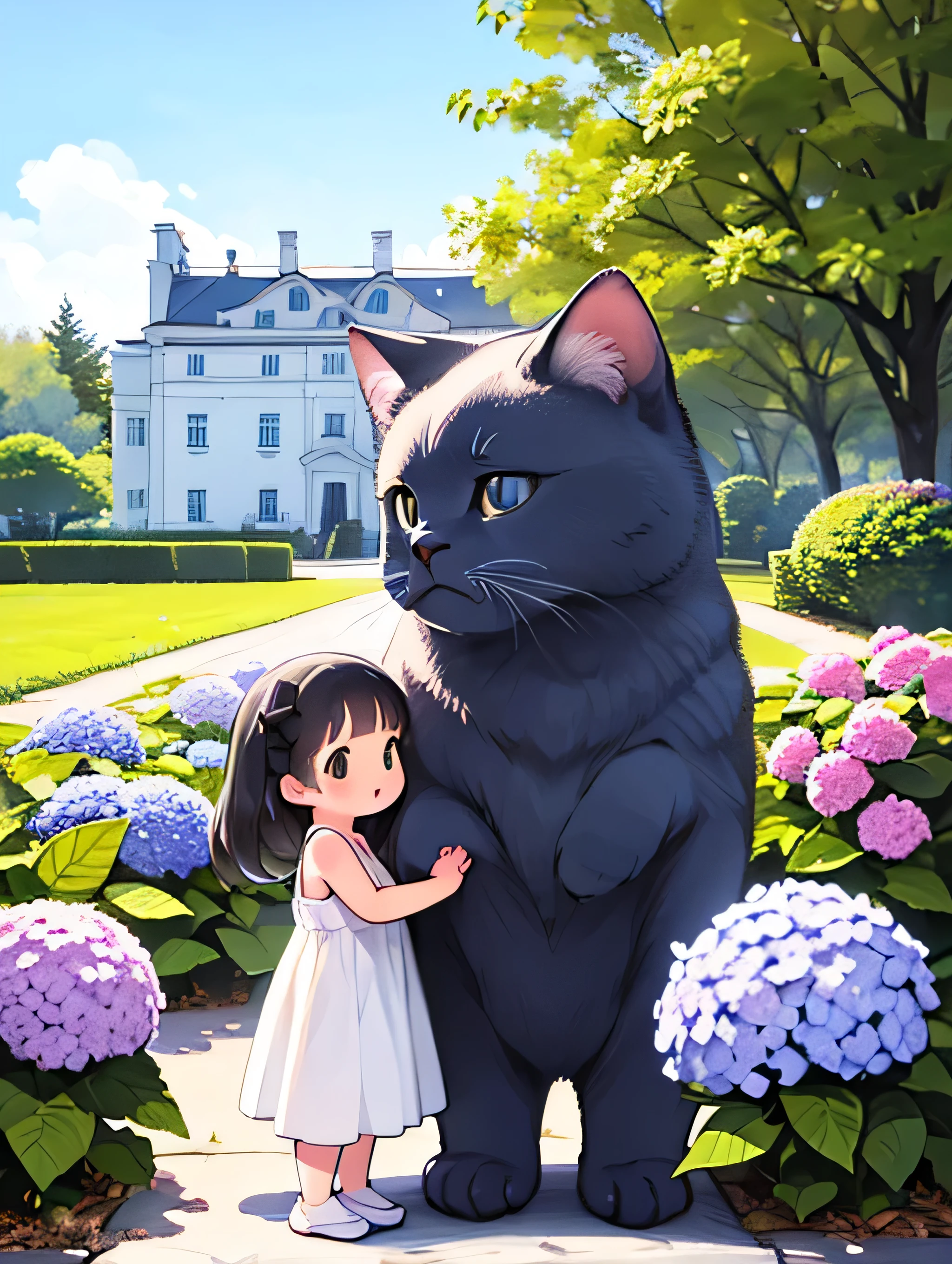 (Highest quality，4K，8k，High resolution，masterpiece:1.2), Very detailed, (Deformed, Realistic, Realistic:1.3)，One Girl，cute，Very short stature，，Have fun and laugh, Brown eyes，length, fluffy, Black hair braids，white sleeveless dress，Hug a cat，The cat is much bigger than the girl..，The cat is a Russian blue..，その猫はfluffy，The background of summer vacation is the garden of a country house，Hydrangea，