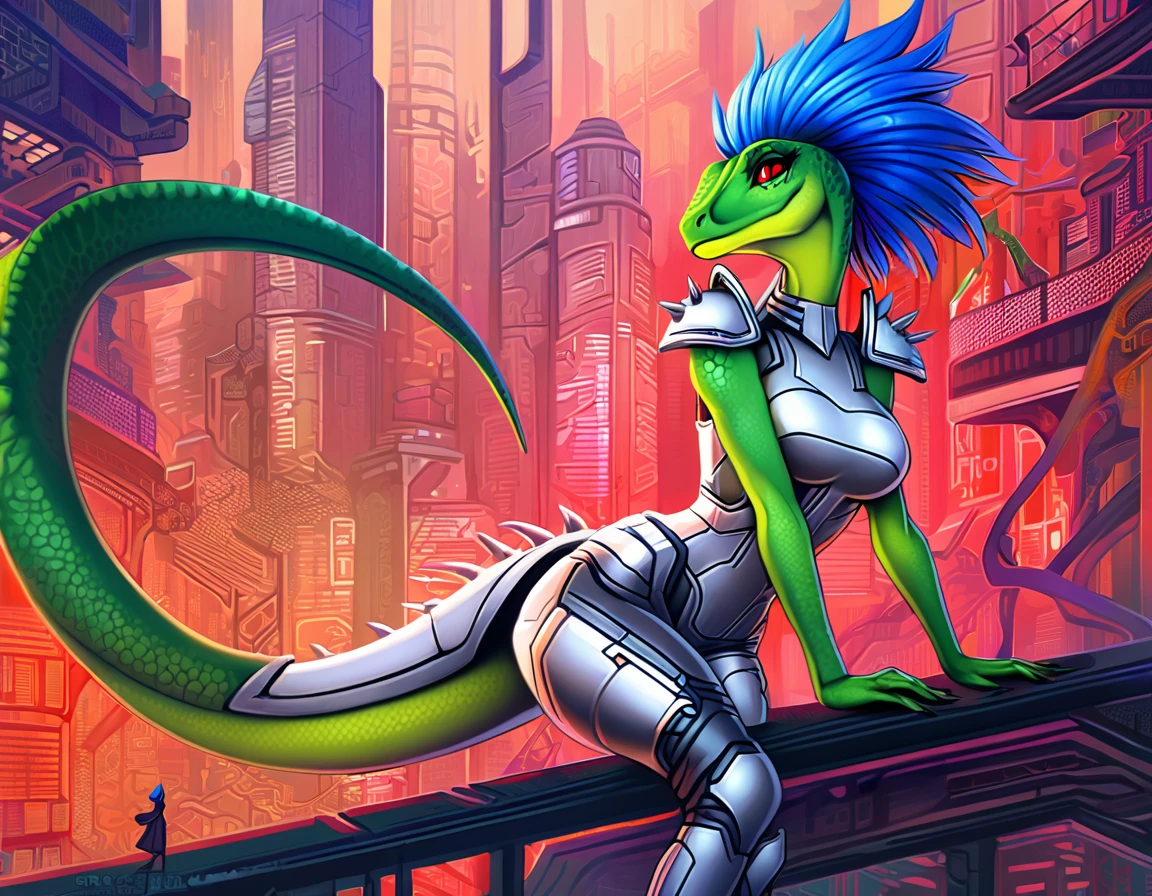 ultra quality, vivid colors, anthropomorphic Velociraptop, female, she has a very beautiful velociraptor face, she has long spiky blue hair, she is tall and slim with a defined body, she have a medium size breasts, she has wide hips, she has very detailed green scaly skin, she has detailed hands and fingers, she has a detailed Velociraptor tail, she has detailed red eyes, she is wearing silver-colored sleeveless cybernetic armor, she is wearing 2 silver-colored metallic shoulder pads, she is wearing silver-colored cybernetic boots, in the background you can see a futuristic city, 2d style art.
