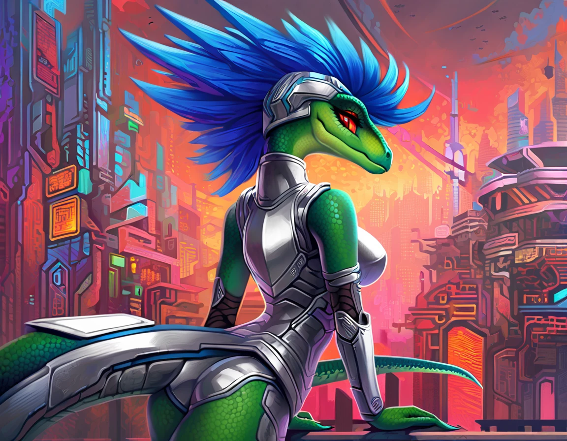 ultra quality, vivid colors, anthropomorphic Velociraptop, female, she has a very beautiful velociraptor face, she has long spiky blue hair, she is tall and slim with a defined body, she have a medium size breasts, she has wide hips, she has very detailed green scaly skin, she has detailed hands and fingers, she has a detailed Velociraptor tail, she has detailed red eyes, she is wearing silver-colored sleeveless cybernetic armor, she is wearing 2 silver-colored metallic shoulder pads, she is wearing silver-colored cybernetic boots, in the background you can see a futuristic city, 2d style art.
