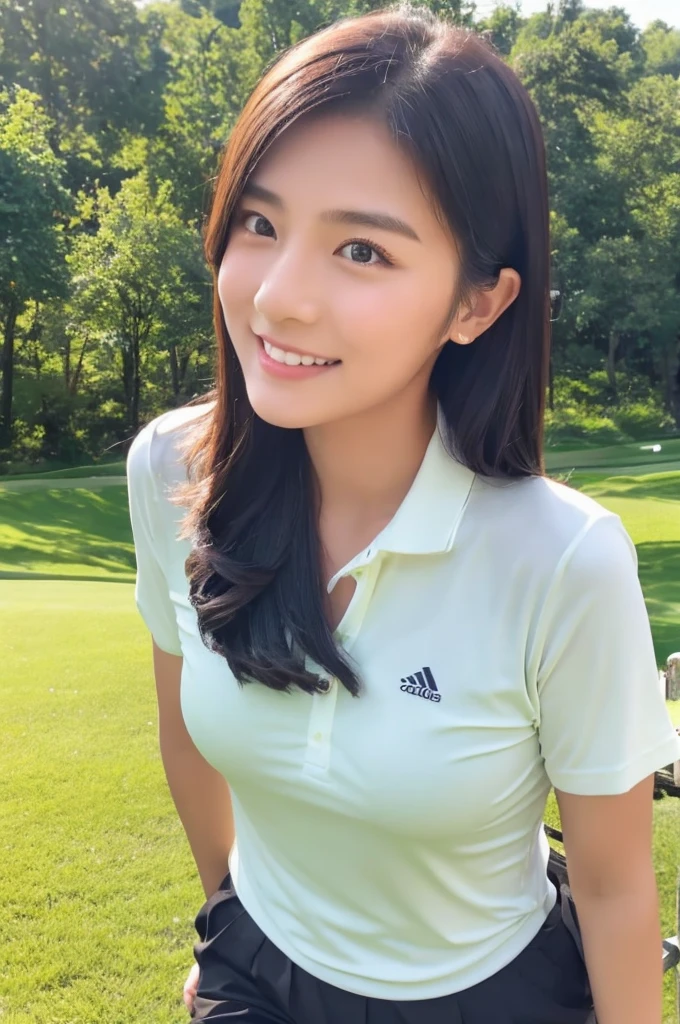 ８K、High definition、Ultra Detail、Photorealistic、Realistic and accurate depiction、Realistic and accurate human anatomy、High resolution、Highest quality、Beautiful Japanese woman in golf wear, Detailed body, Live Action、beautiful girl golfer、cute、clear、The ultimate beautiful girl、Perfect Body Shape、Beautiful breasts、、Perfect Skin、Charm、Active、Black Hair、Japanese female professional golfers、cuteゴルフウェア、Random hairstyle with tied hair