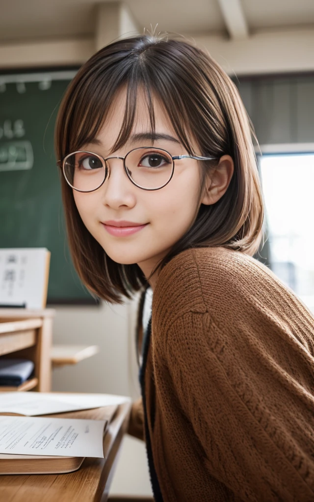 Cute 22 year old Japanese、School、University、During class、study、Highly detailed face、Pay attention to the details、double eyelid、Beautiful thin nose、Sharp focus:1.2、Beautiful woman:1.4、(Light brown hair,short hair、)、Highest quality、masterpiece、Ultra-high resolution、(Realistic:1.4)、Highly detailed and professional lighting、nice smile、No exposure、Cute Winter Clothes、Round Glasses、freckles、No makeup