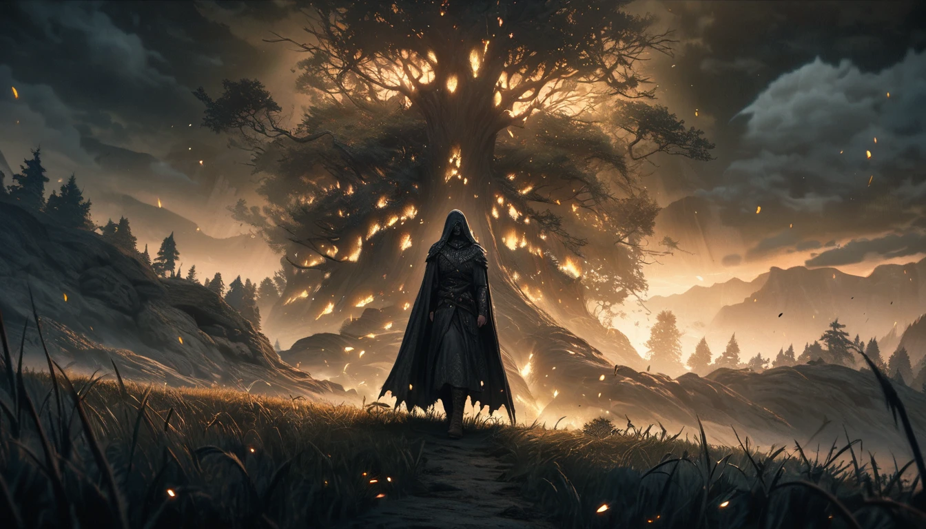 dark fantasy aestetics, elden ring, elden ring style dark night, dim light, huge cracked tree on the background, tree of the shdows, scatter tree, tree shines gold, veil covering the land, dark fantasy scene, cinematic sceme, breathtaking view, big grass field on the background, dark fantasy, horror, dnd, atmospheric perspective, perspective, wide shot, 4K, 8k, highres, high quality, masterpiece, best quality
