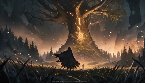 dark fantasy aestetics, elden ring, elden ring style dark night, dim light, huge cracked tree on the background, tree of the shd...