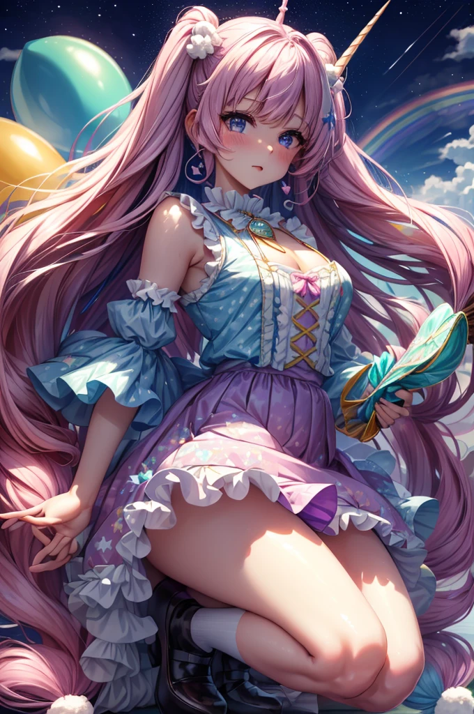 (whole body, legs and shoes visible: 1.2)) Expressive eyes, One girl, Pale skin, Long Hair, Windblown Hair, ((absurdly Long Hair)), Long Side Lock, Princess bangs, Hair bangs, Hair Bun, ((Very long twin tails)), Rainbow Hair, Light pink hair, blush, full face blush, big sparkling Pastel Purple eyes, (Gradient Eye), Laughing with your mouth open, cute pose, ((Holding a balloon : 1.3)) ((cute and pastel fashion)) ((🦄🎠🎈🎉 theme : 1.4)) A loose pastel dress, ((Dreamy multi-colored open dress)), (Floating ribbon), Lavender Frill, Pink frills, (Light blue lace), Removable short sleeves, Fluffy skirt, ((Rainbow and star printed skirt : 1.3)), Lolita Skirt, Purple ribbon, ((pom pom ribbon hair ornament : 1.4)), Multiple Bows, Striped lace stockings, (heart型のレッグガーター), cute (Pastel Purple) shoes ((Ultra-detailed clothing and fashion)) I&#39;m watching you, Vintage Girl, blush, (Beautiful attention to detail), (Highly detailed CG Unity 8k wallpaper) (Best Shadow), ((Very delicate and beautiful)), (Detailed light), ((Depth of written boundary)) Big Head, Big, bright eyes, Moe, Splash Art, Cinema Lighting, Front view, volumetric lighting maximalist photo illustration k resolution high resolution intricate detailed complex key visuals precise linear ((Dreamy pastel sky background, Surrounded by sunset clouds, shooting star, Castle above the clouds)) ((Ultra-detailed landscapes, Foggy clouds, Hung by balloons, heart : 1.3))
