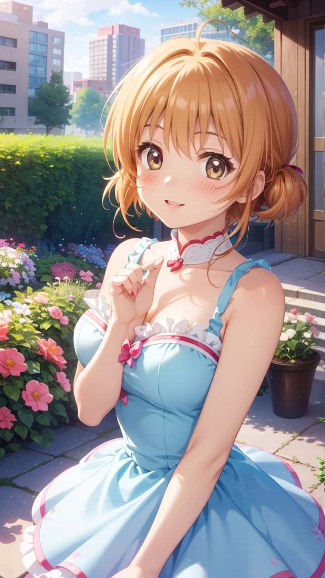 masterpiece, best quality, highres, 1girl, detailed face, blush, anime CG style, medium breasts, (18 year old girl:1.3), (aged up), good lighting, perfect body, sakura kinomoto, glossy lips, city, garden, light smile, idol dress