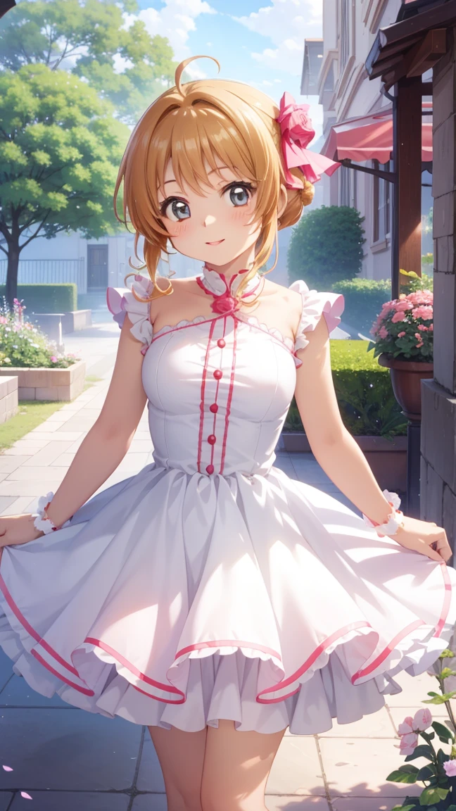 masterpiece, best quality, highres, 1girl, detailed face, blush, anime CG style, medium breasts, (18 year old girl:1.3), (aged up), good lighting, perfect body, sakura kinomoto, glossy lips, city, garden, light smile, idol dress