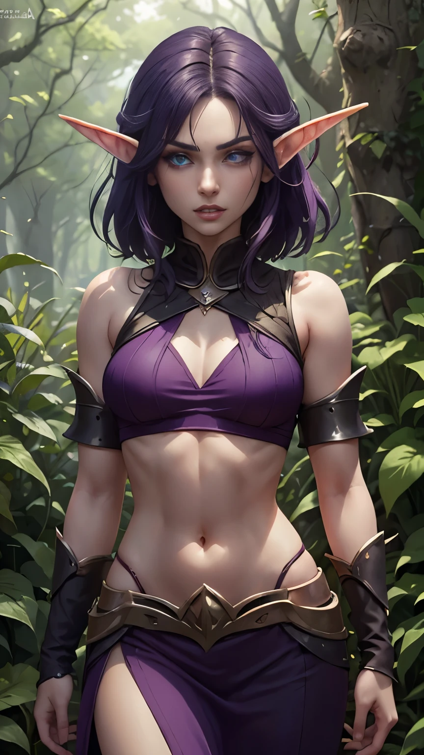 (Masterpiece, highly detailed, highly quality,  highly resolutions), two heads, BREAK nightelf, angry, clenched teeth, glowing eyes, blue eyes, Purple Hair, colored skin, mature female, purple midriff, navel, purple spike shoulder pad, platinum trim, green leaves, jewelry, looking at viewer, forest, night, bare shoulders, spring season, 