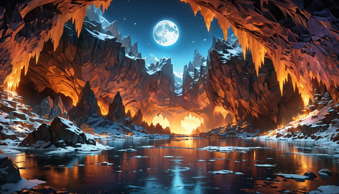 ice, cave, grotto, best quality, a little bit of sky from the cave, (masterpiece:1.2), hyper detailed, ultra high res, absolutely resolution, 4K, ultra HD, insanely detailed and intricate, high resolution, HDR, beautifully, aesthetic, (beautiful detailed background), detailed landscape, (full moon), moonlight, soft shaded, light sparkles, cloudless sky, Inside the cave is Fractal Art, Fractal Art only in the cave,