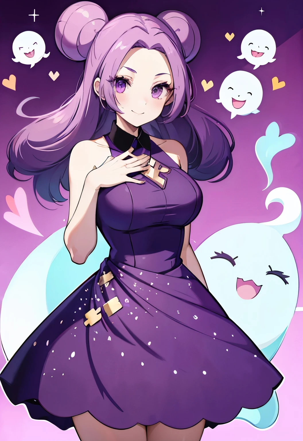 Purple Hair，Purple Eyes，curls，Purple long skirt，Melissa【Pokemon】blush，Smile，Large Breasts，Ghost Tower Background