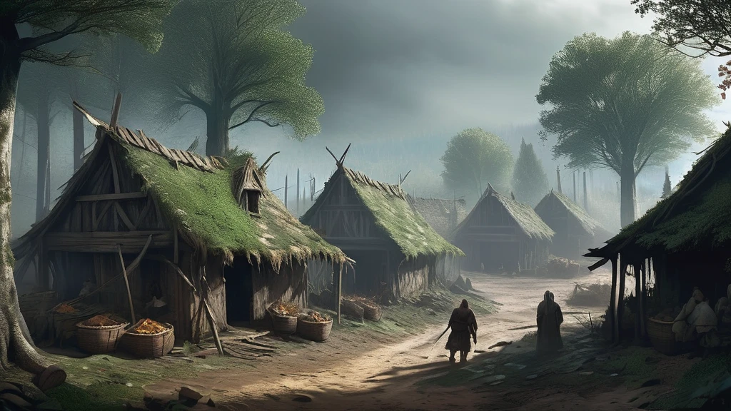 Create an image of a medieval village nestled in the heart of a dense, dark forest, experiencing a severe food crisis and hunger. The village, consisting of small, thatched-roof cottages and simple wooden structures, appears weathered and worn. The forest around it is imposing, with tall, ancient trees casting long shadows over the scene, adding to the sense of isolation and struggle.

Villagers, dressed in tattered clothing, move slowly and wearily through the muddy streets, their faces gaunt and eyes filled with desperation. A few empty market stalls stand abandoned, with only a handful of withered vegetables and scraps remaining. Smoke rises weakly from a few chimneys, indicating meager fires struggling to provide warmth.

Children, frail and listless, huddle together for warmth, while elders and adults gather around a central fire pit, discussing their dire situation with worried expressions. The forest looms ominously at the village's edge, its dark interior hinting at both potential danger and untapped resources.

Animals, once abundant, are now scarce, and the fields surrounding the village lie fallow, plagued by blight and neglect. A sense of quiet despair pervades the air, as the villagers grapple with the harsh reality of their dwindling food supplies and the threat of starvation.

This image captures the harsh and somber reality of a medieval village in the midst of a food crisis, highlighting themes of survival, community struggle, and the relentless challenges posed by nature in a dark medieval fantasy setting.