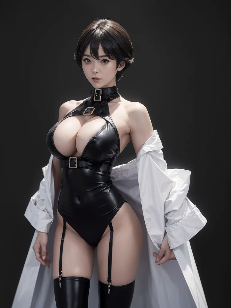 Very short hair, (masterpiece、Highest quality、Official Art), Neck up, View from the front, Looking at the audience:1.5, topless, Underless, White jacket:1.2, Black long boots, Black garter belt, (Black bondage suit:1.2), Black collar, Black choker, Glowing Skin, Realistic:1.9, Very detailed, Full Body Shot:1.2, Cleave, Belly button pussy, Expose the center of the body, High resolution, full color photos, High detail, Extremely realistic detail, Ultimate realistic texture, Ultimate in exquisite detail, Professional photos, Sexy portrait of a girl, Voluptuous bust, Tight waist, Cleavage, Trained abdominal muscles, Big Ass,Complete the whole body, Full body image, No underwear, Highest quality, ((background:city:1.4)), Suzune, Suzune's clothes