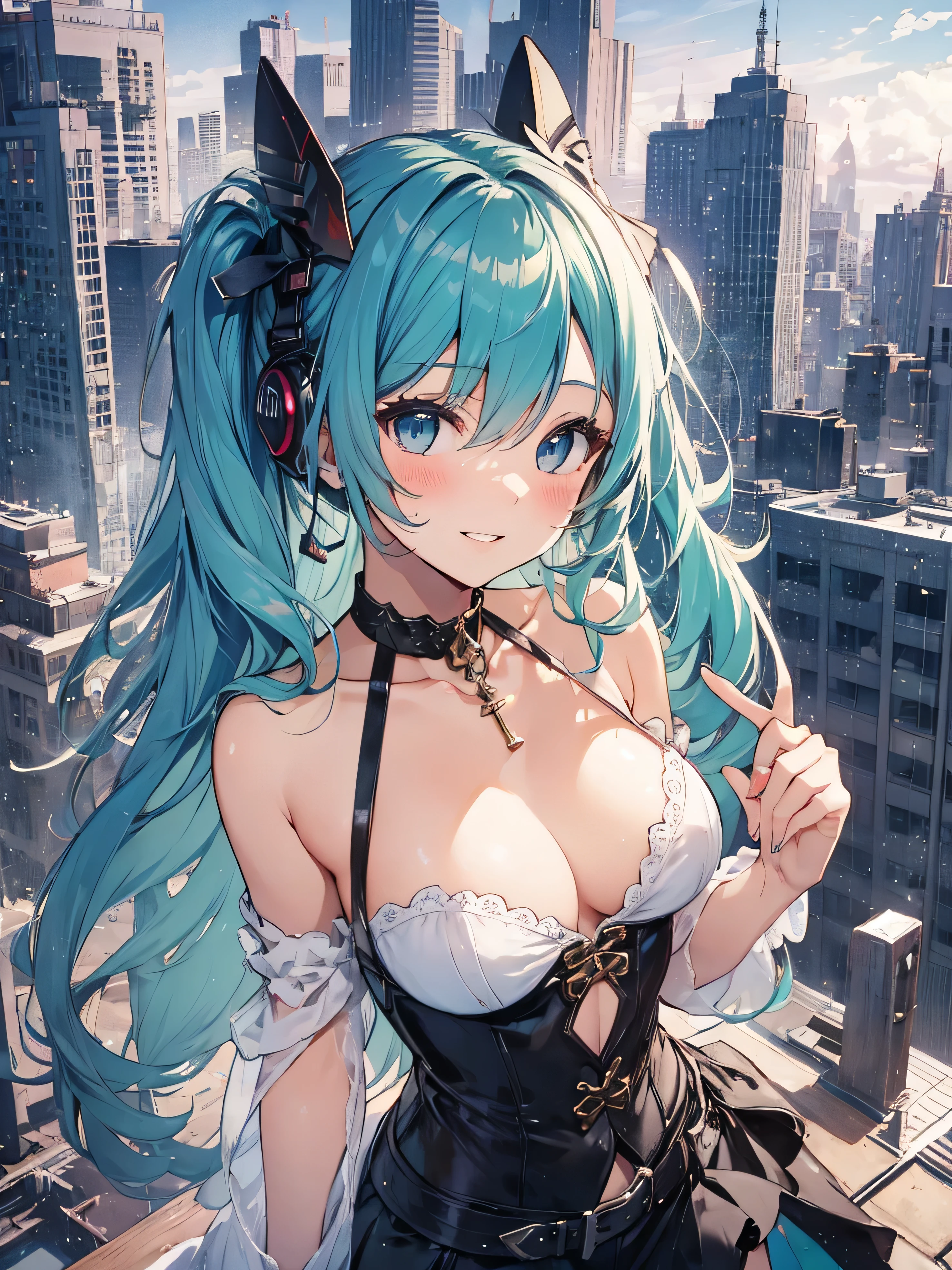 足裏, 傑作, Hatsune miku, 1人, 一人で, 毛髪吸入, 顔を上げて, 青空, 光る白い粒子, (サイドライト:1.2), 日の出 , ピンククラウド, 詳細な雲, 細い, Lovely small 露出した胸, 歯を見せた超かわいい笑顔, 赤い頬, 赤面, いたずら顔, 美しい緑の髪, 魔法の光, 深く輝く青い目, かわいいいたずらな女の子のポーズ, 胸を内側に引き寄せて押し上げます, 露出した胸, かわいい乳首, チョーカー, 黒のシースルーブラウスと緑のネクタイ, 青いスカート , 白帯, ブラックロンググローブ, ピンクと青のヘッドギアを着ける, 建物の屋上, 非常に詳細な美しい街の景色の背景, ワイドショット, ウインクする, ピースサインをする, 歌手