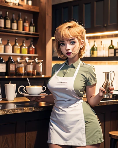 degenerate girl, big tits , asymmetrical face, blue eyes, Blonde, short hair, curvy barista, naked, monkey apron only,  perfect detailed 12k, cafe and bar, With lights ,gothic makeup 