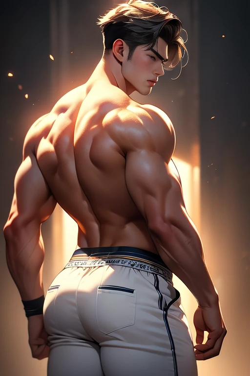 (best quality,4k,highres,masterpiece:1.2),ultra-detailed,realistic:1.37,korean man, muscular man, big buttocks, glancing backwards, slim body, few fingers, masculine features, white man, tight white shorts, Caucasian race, portraits, bright colors, dramatic lighting