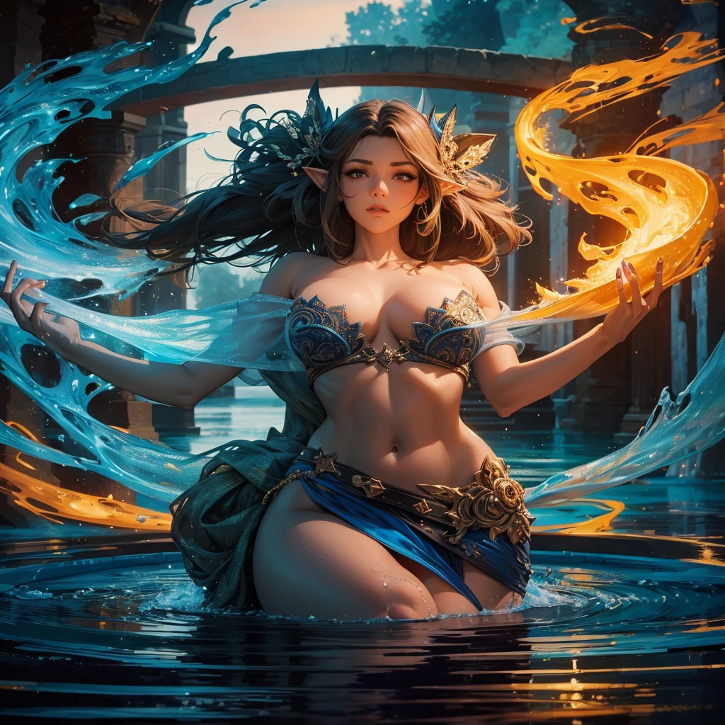 Abra digital master in 3D render by artist arwen. The image is represented by a seductive and feminine elf with seductive pose inside a lake or reservoir, the character is manipulating the water with his hands, It is a mystical and magical image. The image is a portrait in 8K high definition, It has intricate details giving a feeling of mysticism to the viewer..