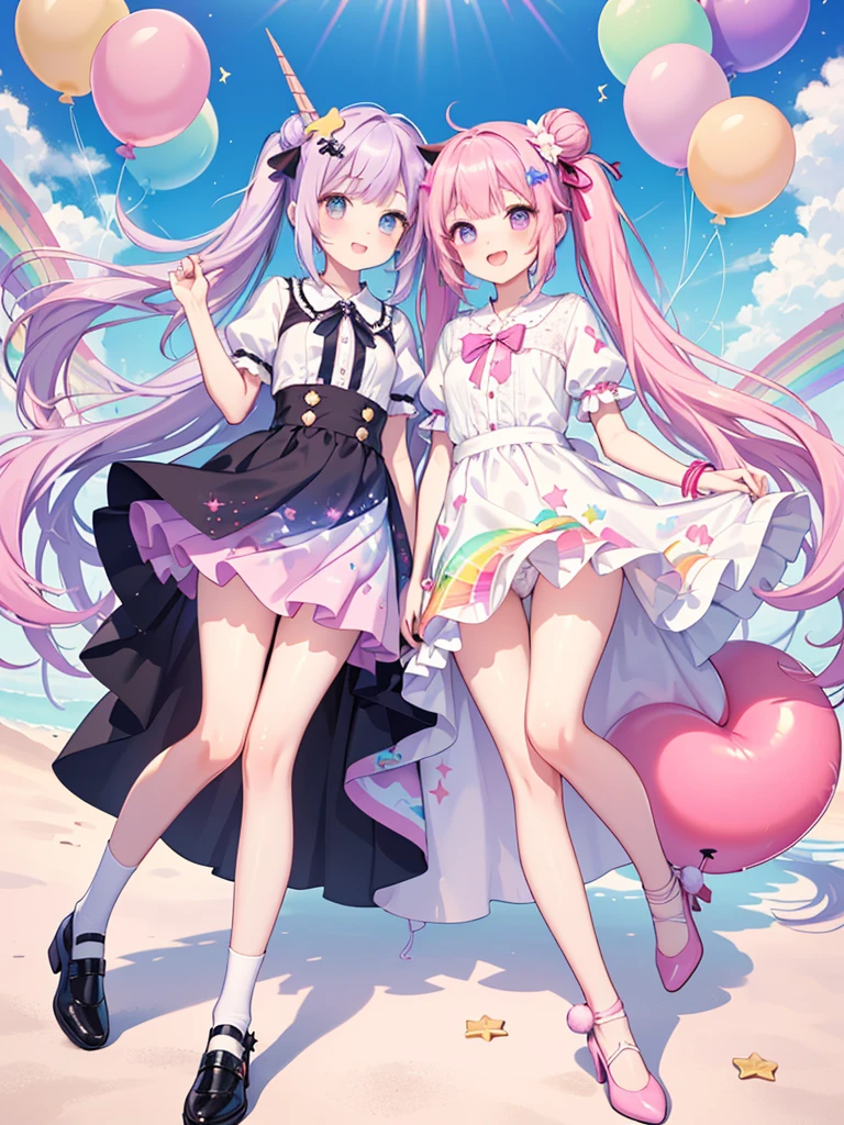 (whole body, legs and shoes visible: 1.2)) Expressive eyes, One girl, Pale skin, Long Hair, Windblown Hair, ((absurdly Long Hair)), Long Side Lock, Princess bangs, Hair bangs, Hair Bun, ((Very long twin tails)), Rainbow Hair, Light pink hair, blush, full face blush, big sparkling Pastel Purple eyes, (Gradient Eye), Laughing with your mouth open, cute pose, ((Holding a balloon : 1.3)) ((cute and pastel fashion)) ((🦄🎠🎈🎉 theme : 1.4)) A loose pastel dress, ((Dreamy multi-colored open dress)), (Floating ribbon), Lavender Frill, Pink frills, (Light blue lace), Removable short sleeves, Fluffy skirt, ((Rainbow and star printed skirt : 1.3)), Lolita Skirt, Purple ribbon, ((pom pom ribbon hair ornament : 1.4)), Multiple Bows, Striped lace stockings, (heart型のレッグガーター), cute (Pastel Purple) shoes ((Ultra-detailed clothing and fashion)) I&#39;m watching you, Vintage Girl, blush, (Beautiful attention to detail), (Highly detailed CG Unity 8k wallpaper) (Best Shadow), ((Very delicate and beautiful)), (Detailed light), ((Depth of written boundary)) Big Head, Big, bright eyes, Moe, Splash Art, Cinema Lighting, Front view, volumetric lighting maximalist photo illustration k resolution high resolution intricate detailed complex key visuals precise linear ((Dreamy pastel sky background, Surrounded by sunset clouds, shooting star, Castle above the clouds)) ((Ultra-detailed landscapes, Foggy clouds, Hung by balloons, heart : 1.3))