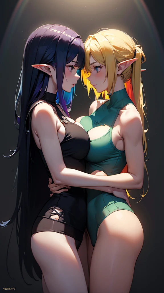 masterpiece, Highest quality,Two Girls, Gothgals Embracing Each Other,Tank top 8k,High resolution, (Rainbow Candy:1.2),(Excellent rendering, Stand out in the same class), (Amazing details, Excellent lighting, Wide-angle), Big Breasts, elf, Detailed Background、