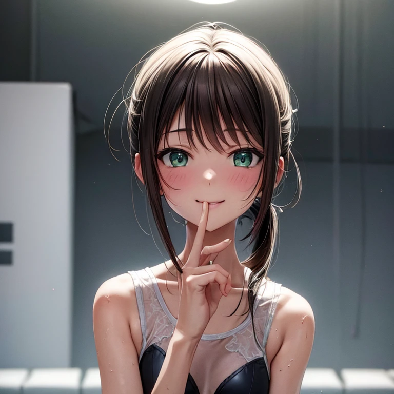 Runway,See-through leotard,Place your hands behind your head,Anime Nose, anime eye, Anime Mouth,Wet Skin, wet hair,Upper Body, green_eye,{{{{{Avert your eyes}}}}},{{Browsing Caution}}, {{{{{from the front}}}},Mouth closed, lovelive!, {{{Anime Mouth}}},{{{{{Upper Body}}}}},{{{{{Portraiture}}}}}, {{{{{Laughter}}}}}, {{{{{Small breasts}}}}},Panty shot, (masterpiece, Highest quality:1.2),shape,8k,High resolution,One Girl,alone,black_hair,short_ponytail, Side Lock,low_ponytail,smile,black_eye,
