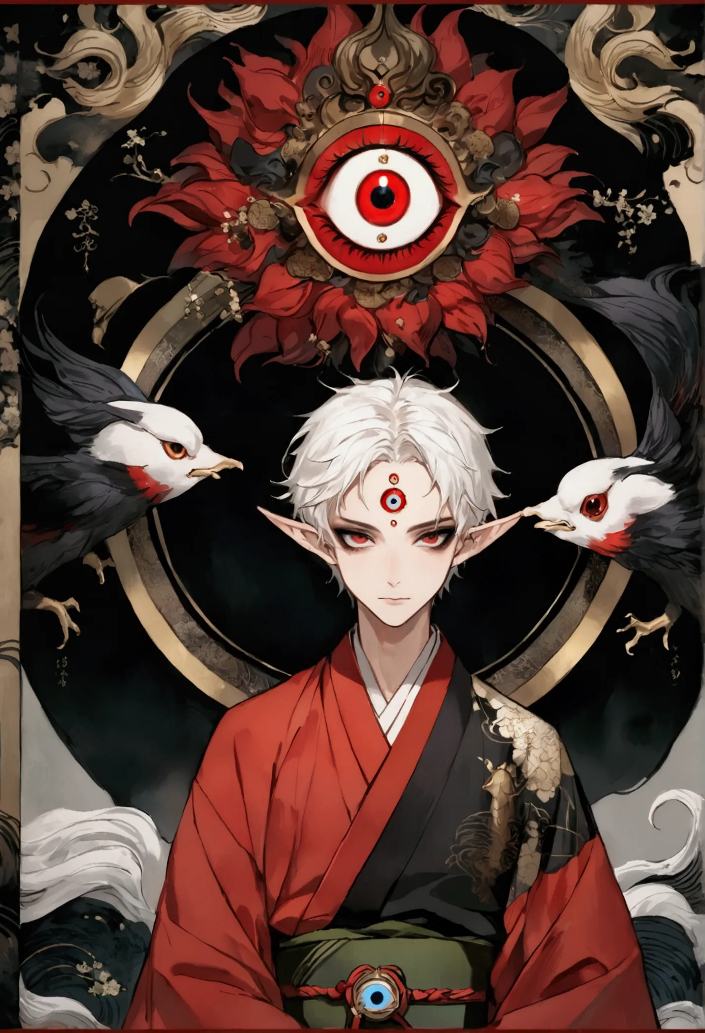 japanese anime，gothic art，(((1 boy，独奏，third eye on the forehead，dark eyeshadow.middle-parted white hair-super short hair，elf ear...