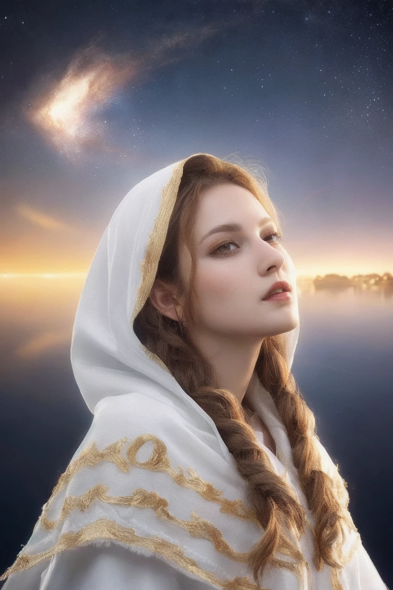 (Masterpiece, Top Quality, Best Quality, Official Art, Beauty and Aesthetics: 1.2), (1 Girl), Extreme Detail, (Fractal Art: 1.3), Colorful, Supreme Detail, Perfect Face, Upper Body, HDR, Prayer, (White Cloak Golden Lines: 1.2), Starry Sky, Shooting Star, Light Stripes, Surrealism.