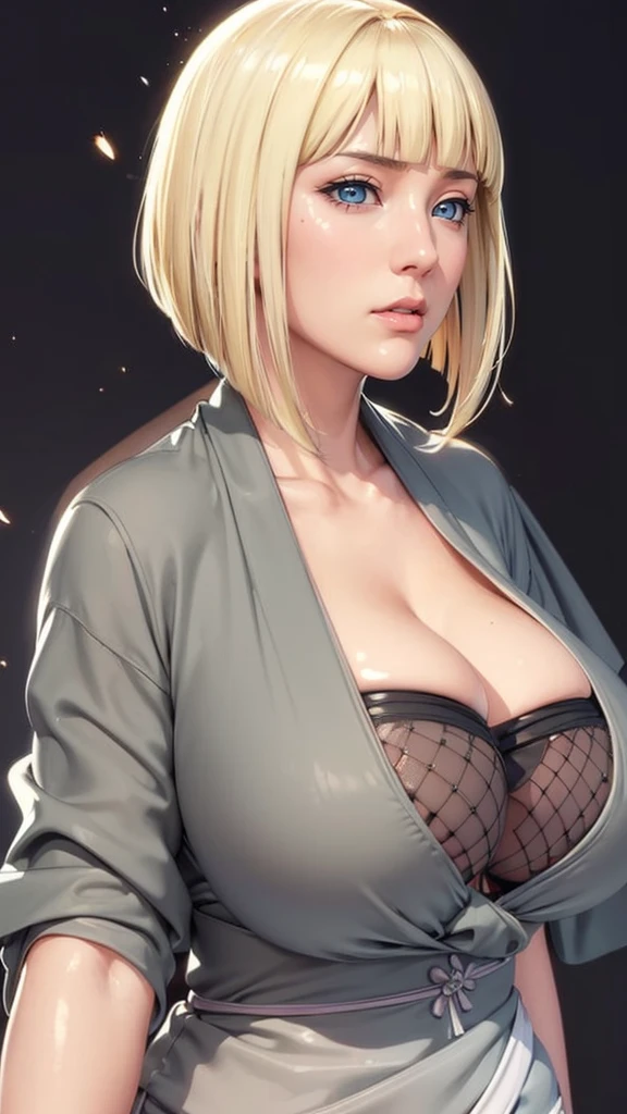 (（（Perfect body,White and tender skin,（（（BLACK KIMONO, CLEAVAGE, VAMBRACES,）））,（（（Samui, Blue eyes, blonde hair, short hair, bangs, blunt bangs,）））,((masterpiece)),high resolution, ((Best quality at best)),masterpiece,quality,Best quality,（（（ Exquisite facial features,Looking at the audience,There is light in the eyes,blush,Happy,lol）））,Look up at the sky，Raise a hand，From below）））,（（（Light and shadow,Huge breasts）））,（（（Looking at the camera,black background,)））),