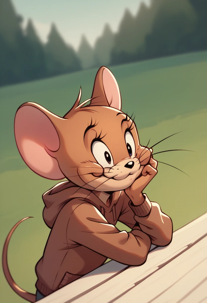 Fraction_9, Fraction_8, Fraction_9, rest, Jerry, mouse, Whiskers, mouse ears, mouse tail, outdoor, Lovely,Brown hoodie