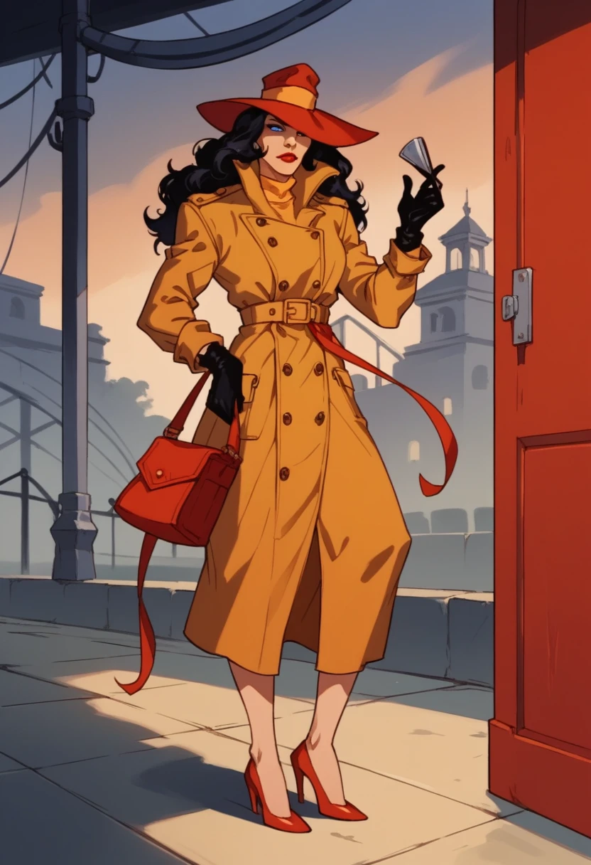 score_9, score_8_up, score_7_up, score_6_up, score_5_up, score_4_up , source_cartoon, xcarmenx, 1 girl, solo, black hair, long hair, blue eyes, makeup, lipstick, hat, trench coat, gloves, high heels