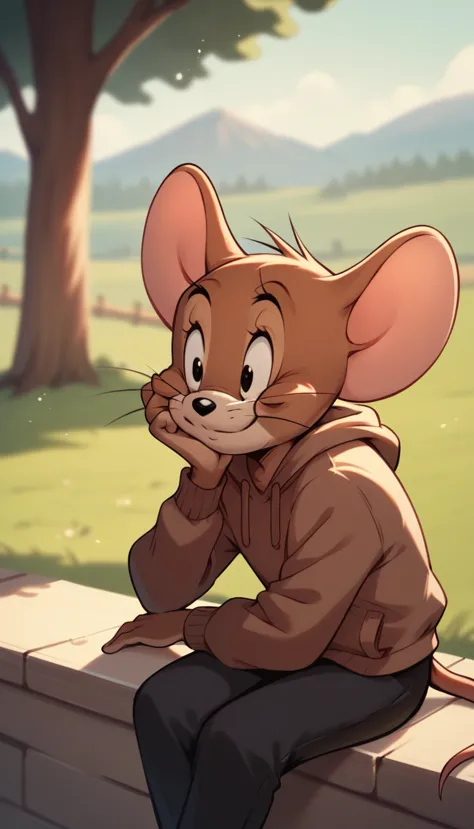 fraction_9, fraction_8, fraction_9, rest, jerry, mouse, whiskers, mouse ears, mouse tail, outdoor, lovely,brown hoodie,black pan...