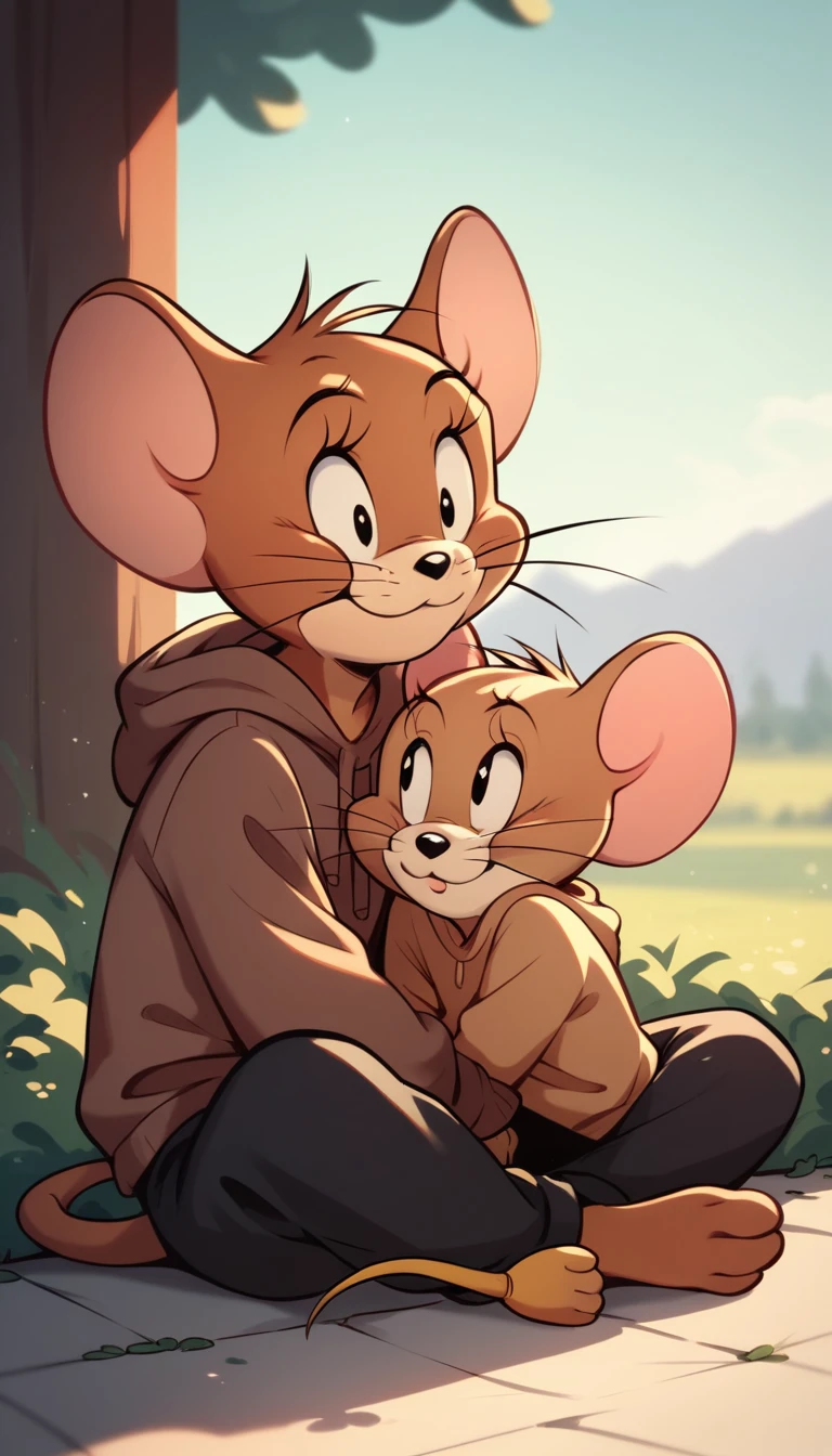 Fraction_9, Fraction_8, Fraction_9, rest, Jerry, mouse, Whiskers, mouse ears, mouse tail, outdoor, Lovely,Brown hoodie,Black pants