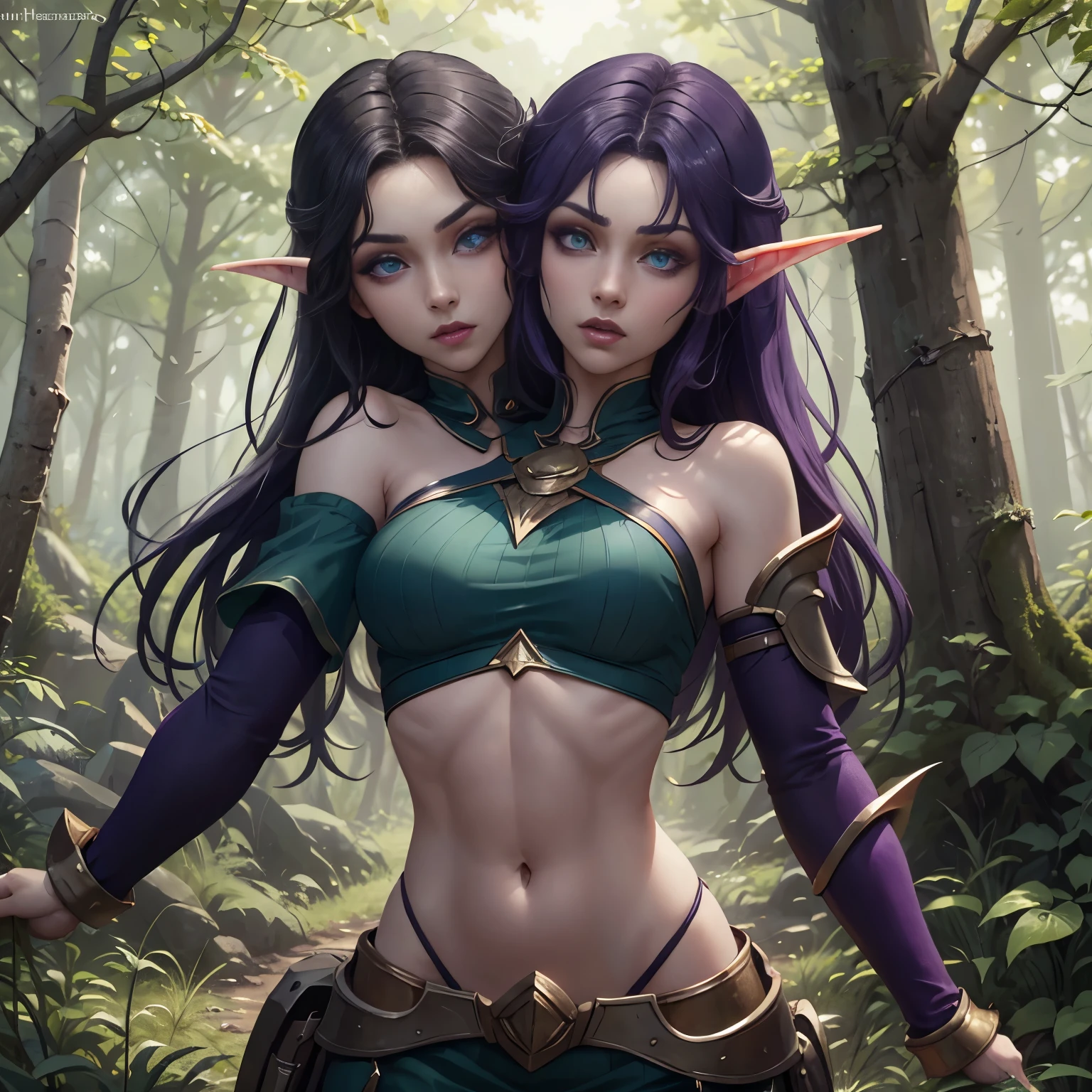 (Masterpiece, highly detailed, highly quality,  highly resolutions), conjoined_dicephalus, two heads, BREAK nightelf, angry, clenched teeth, glowing eyes, blue eyes, Purple Hair, colored skin, mature female, purple midriff, navel, purple spike shoulder pad, platinum trim, green leaves, jewelry, looking at viewer, forest, night, bare shoulders, spring season, 