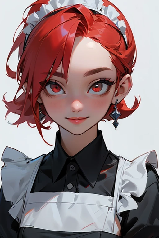 (masterpiece), ((best quality)), (super detailed), (beautiful eyes beautiful details eyes, Clean and delicate face, upper body), solo, (Red bob hair, red eyes:1.35), (maid costume, white maid headband), (Eyelid, Pupil, Sclera, Iris, eye shadow), smile, lips apart, simple background, looking at viewer