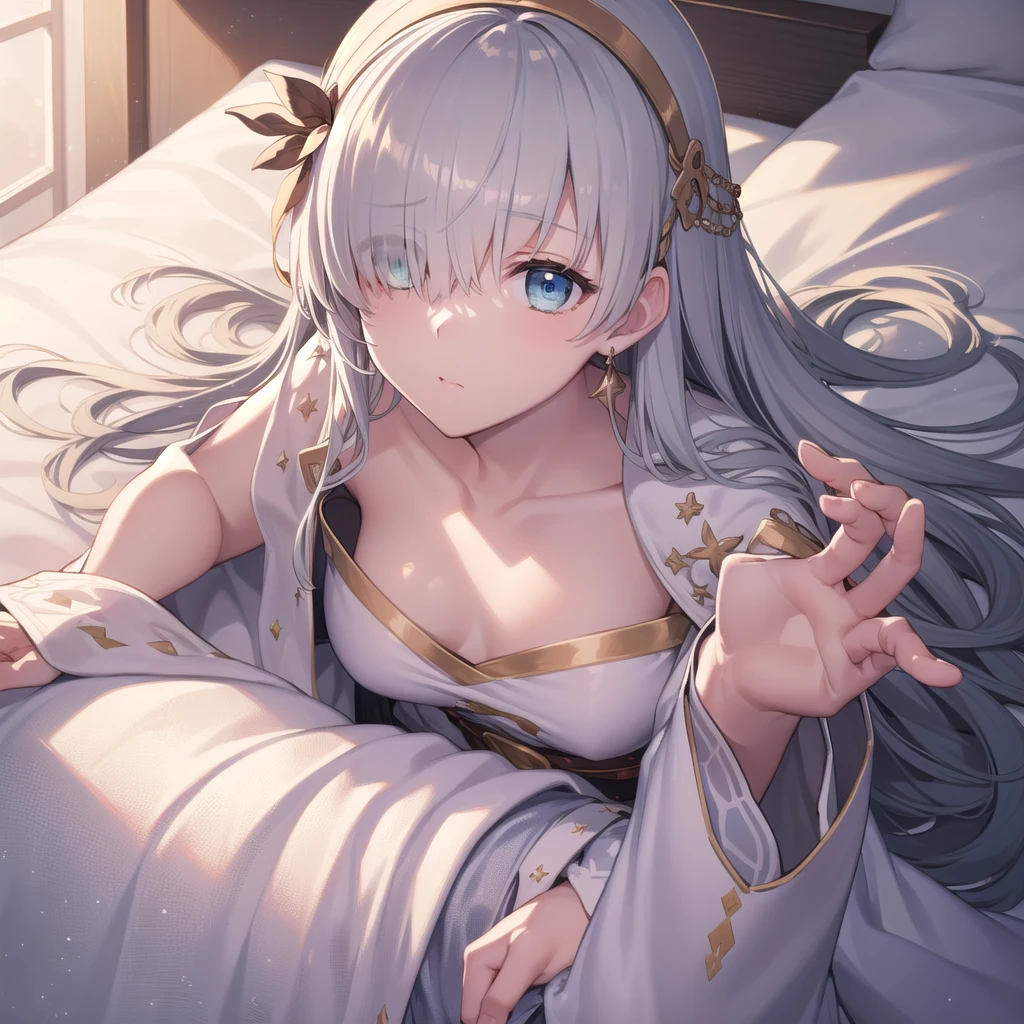 ((close up of face)),((Sleeping in bed)),Overhead Shot,fgoAnastasia, Anastasia, blue eyes, Grey Hair, Hair between the eyes, (Hair on one eye:1.5), Long Hair, bangs,Exposed shoulders,Beautiful eyes like jewels,
break blue Cape, brown hair band, Cape, dress, Fur trim, hair band, Royal Robes, sash, tachi-e, white dress, Wide sleeves,
break looking at viewer,
break indoors,
break (masterpiece:1.2), Highest quality, High resolution, unity 8k wallpaper, (figure:0.8), (Beautiful attention to detail:1.6), Highly detailed face, Perfect lighting, Highly detailed CG, (Perfect hands, Perfect Anatomy),