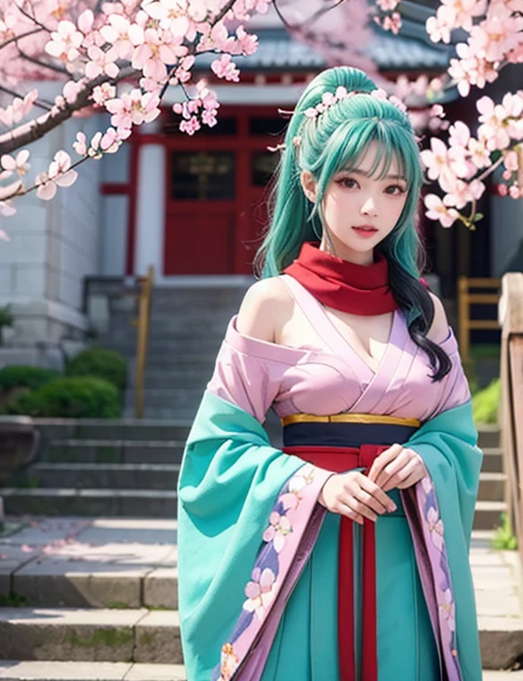 photorealistic, (4k), depth of field, (Masterpiece), (realistic skin texture), extremely detailed, intricate, hyper detailed, high resolution, professional photography, bokeh, sharp detail, best quality, woman,  green kimono, long hair, aqua hair, ponytail, red eyes, red scarf, large breasts, standing , east asian architecture, torii, stairs, lantern, (cherry blossoms:1.5)