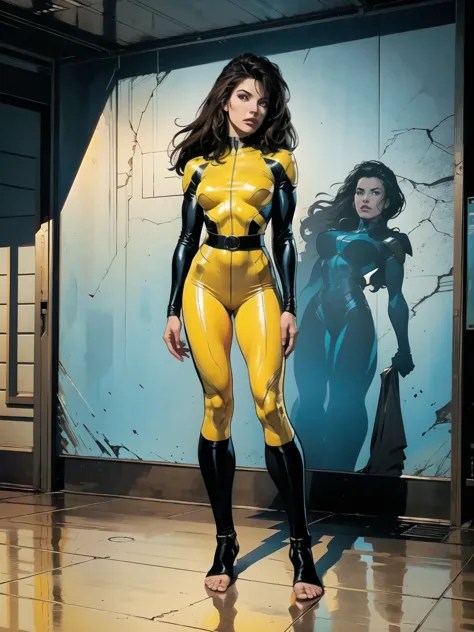 ((full body photo, standing, feet on the floor))  a woman, black hair, hair with bangs, 90's x-men uniform, outside, marvel art ...