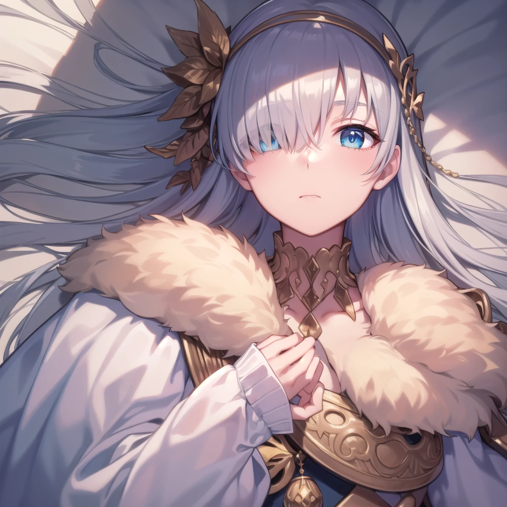 ((upper body)),((Sleeping in bed)),Overhead Shot,fgoAnastasia, Anastasia, blue eyes, Grey Hair, Hair between the eyes, (Hair on one eye:1.5), Long Hair, bangs,Exposed shoulders,Beautiful eyes like jewels,
break blue Cape, brown hair band, Cape, dress, Fur trim, hair band, Royal Robes, sash, tachi-e, white dress, Wide sleeves,
break looking at viewer,
break indoors,
break (masterpiece:1.2), Highest quality, High resolution, unity 8k wallpaper, (figure:0.8), (Beautiful attention to detail:1.6), Highly detailed face, Perfect lighting, Highly detailed CG, (Perfect hands, Perfect Anatomy),