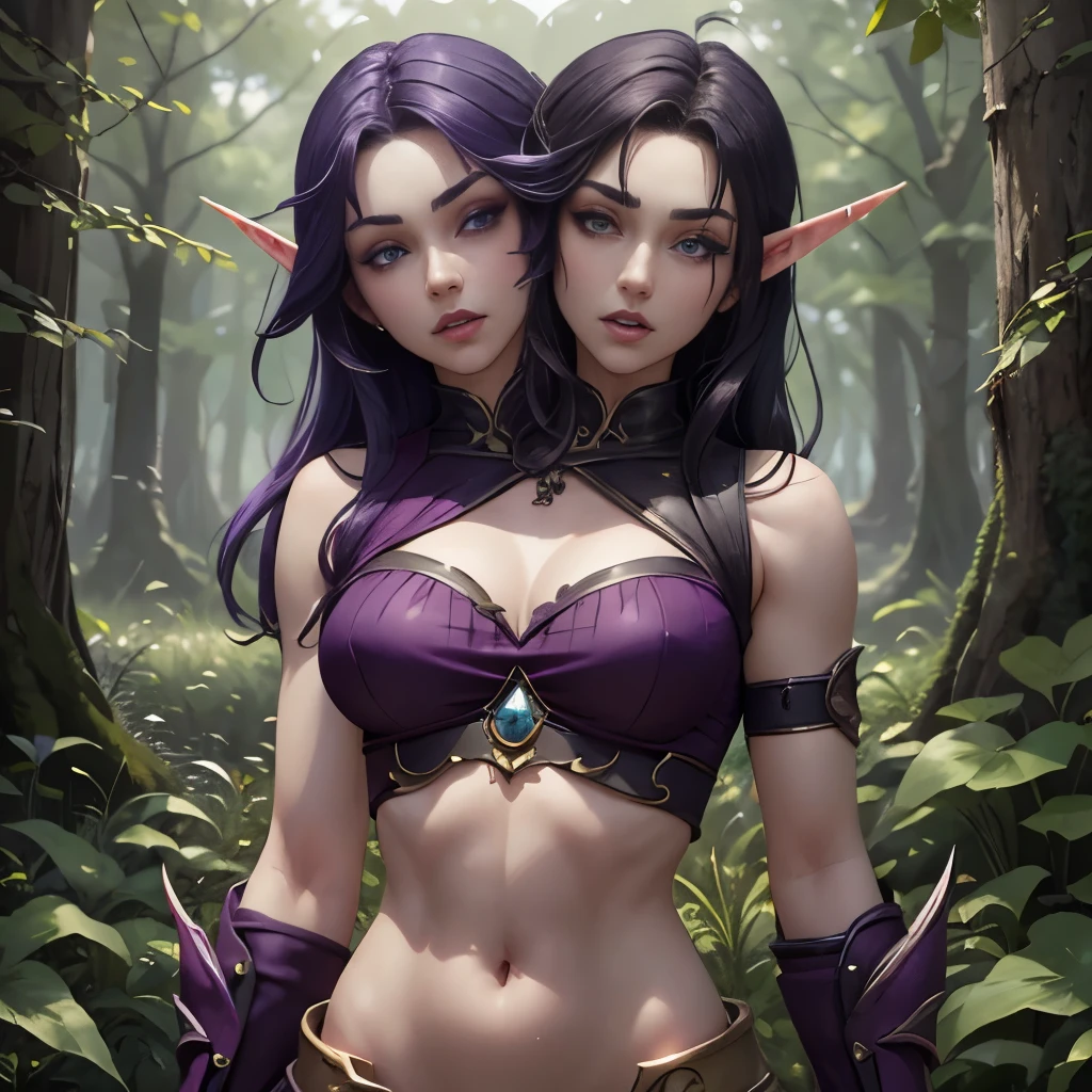 (Masterpiece, highly detailed, highly quality,  highly resolutions), conjoined_dicephalus, two heads, BREAK nightelf, angry, clenched teeth, glowing eyes, blue eyes, Purple Hair, colored skin, mature female, purple midriff, navel, purple spike shoulder pad, platinum trim, green leaves, jewelry, looking at viewer, forest, night, bare shoulders, spring season, 