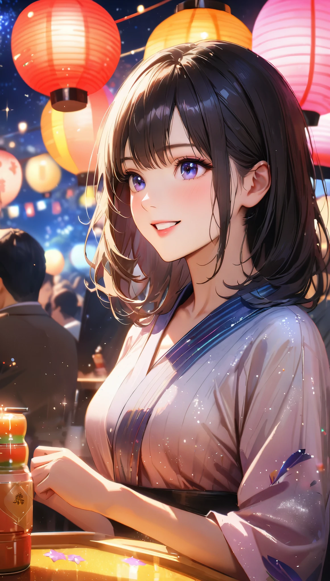 Summer festival,Date with her,night, Starry Sky,Cute Yukata,Gazing at the sky,high school girl,smile,Glitter effect,Highest quality, 8k, High resolution, masterpiece:1.2, Very detailed, Realistic:1.37, High resolution, 超High resolution, Ultra-fine painting, Very detailed, Professional, Vibrant colors