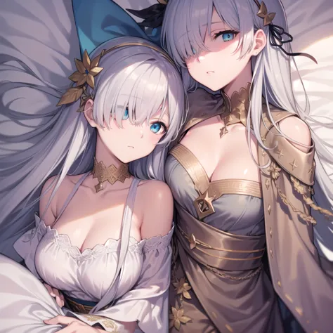 ((upper body)),((sleeping in bed)),overhead shot,fgo anastasia,, blue eyes, grey hair, hair between the eyes, (hair on one eye:1...