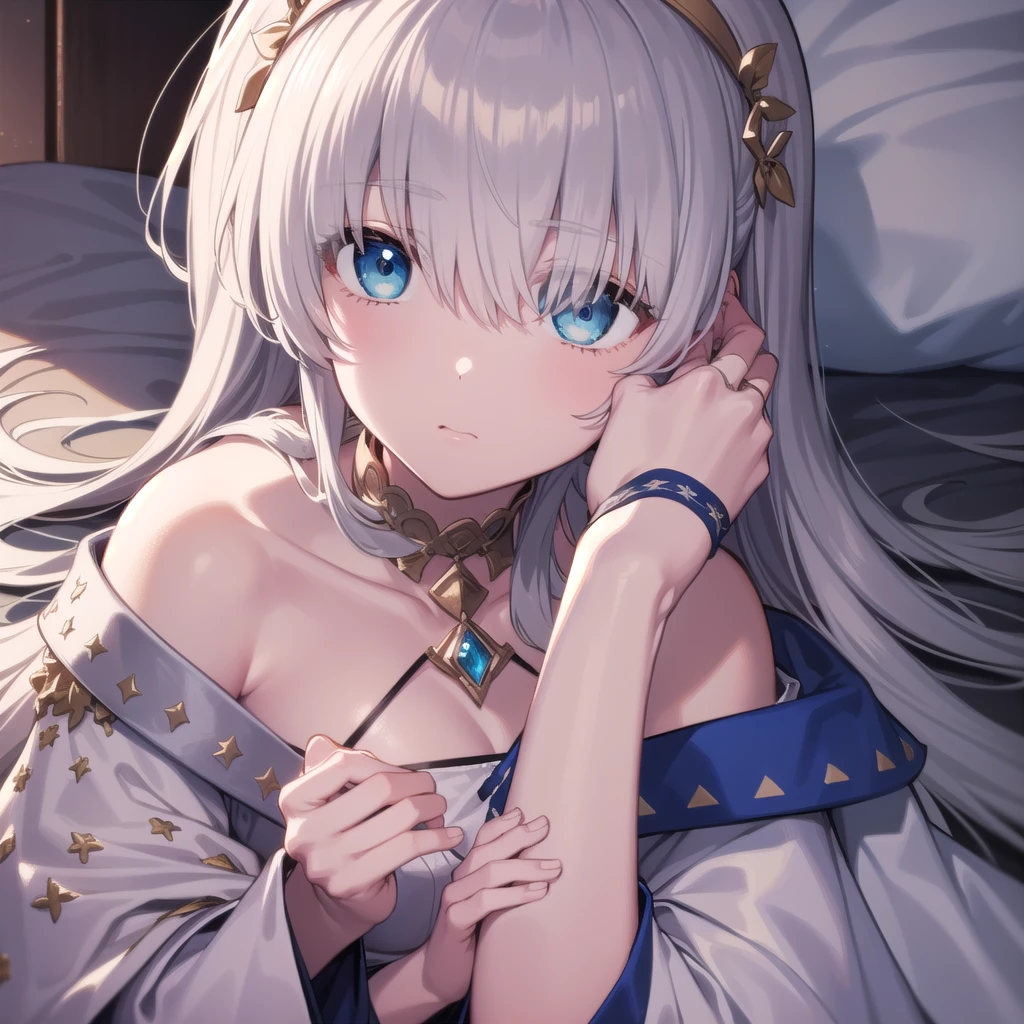 ((upper body)),((Sleeping in bed)),Overhead Shot,fgo anastasia,, blue eyes, Grey Hair, Hair between the eyes, (Hair on one eye:1.5), Long Hair, bangs,Exposed shoulders,Beautiful eyes like jewels,
break blue Cape, brown hair band, Cape, dress, Fur trim, hair band,, sash, tachi-e, White Bikini, Wide sleeves,
break looking at viewer,
break indoors,
break (masterpiece:1.2), Highest quality, High resolution, unity 8k wallpaper, (figure:0.8), (Beautiful attention to detail:1.6), Highly detailed face, Perfect lighting, Highly detailed CG, (Perfect hands, Perfect Anatomy),