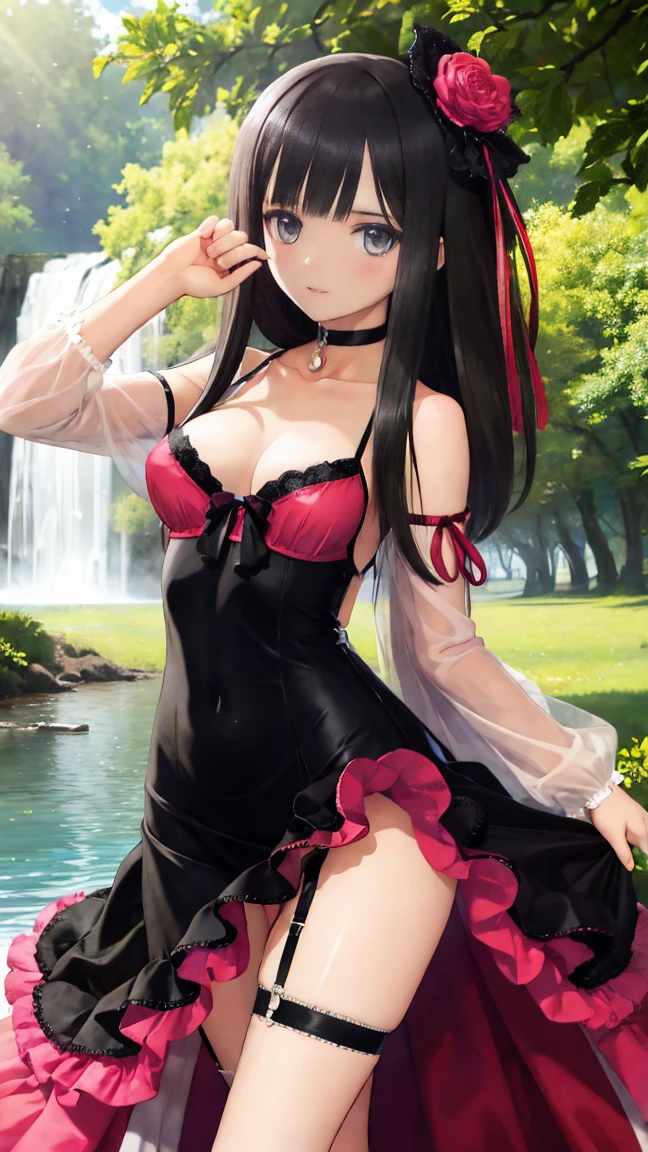 4K,Highest quality, Very detailed,masterpiece,anime, Ultra-high resolution,If you look closely at the eyes, Best illustrations, Very condensed one girl, （Very delicate and cute face）,Small breasts,Black Hair，（（Medium Hair））,Hair is about shoulder length,（（sexy party dress））,The fabric is sheer,（choker）,garter belt,（Purple eyes）,,（Above the knee length skirt）,,,My age is 17,(palace)，（In a beautiful forest）,lake,Waterfront