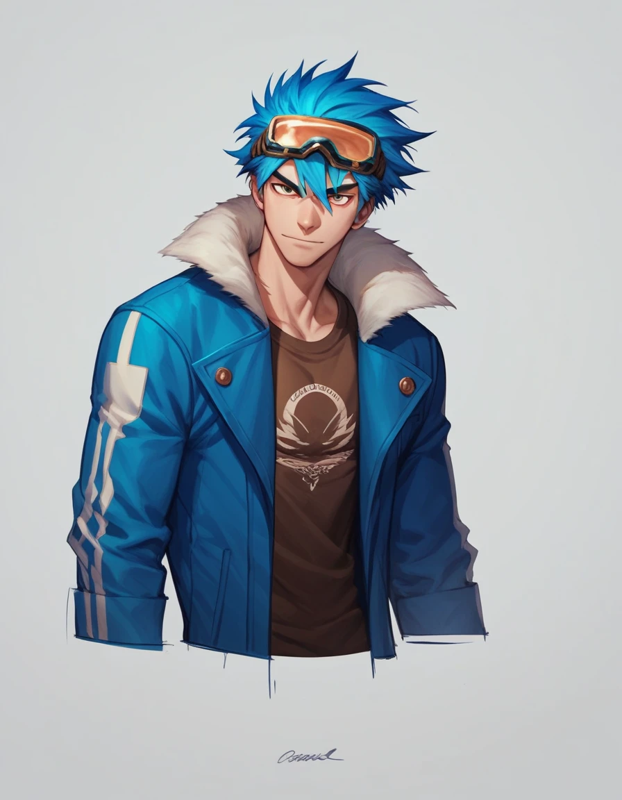 score_9, score_8_up, score_7_up, score_6_up, score_5_up, score_4_up, human Male 20 Years  , Brown long   fade haircut, wearing t-shirt , manga Style , Head Goggles , blue fur Jacket ,