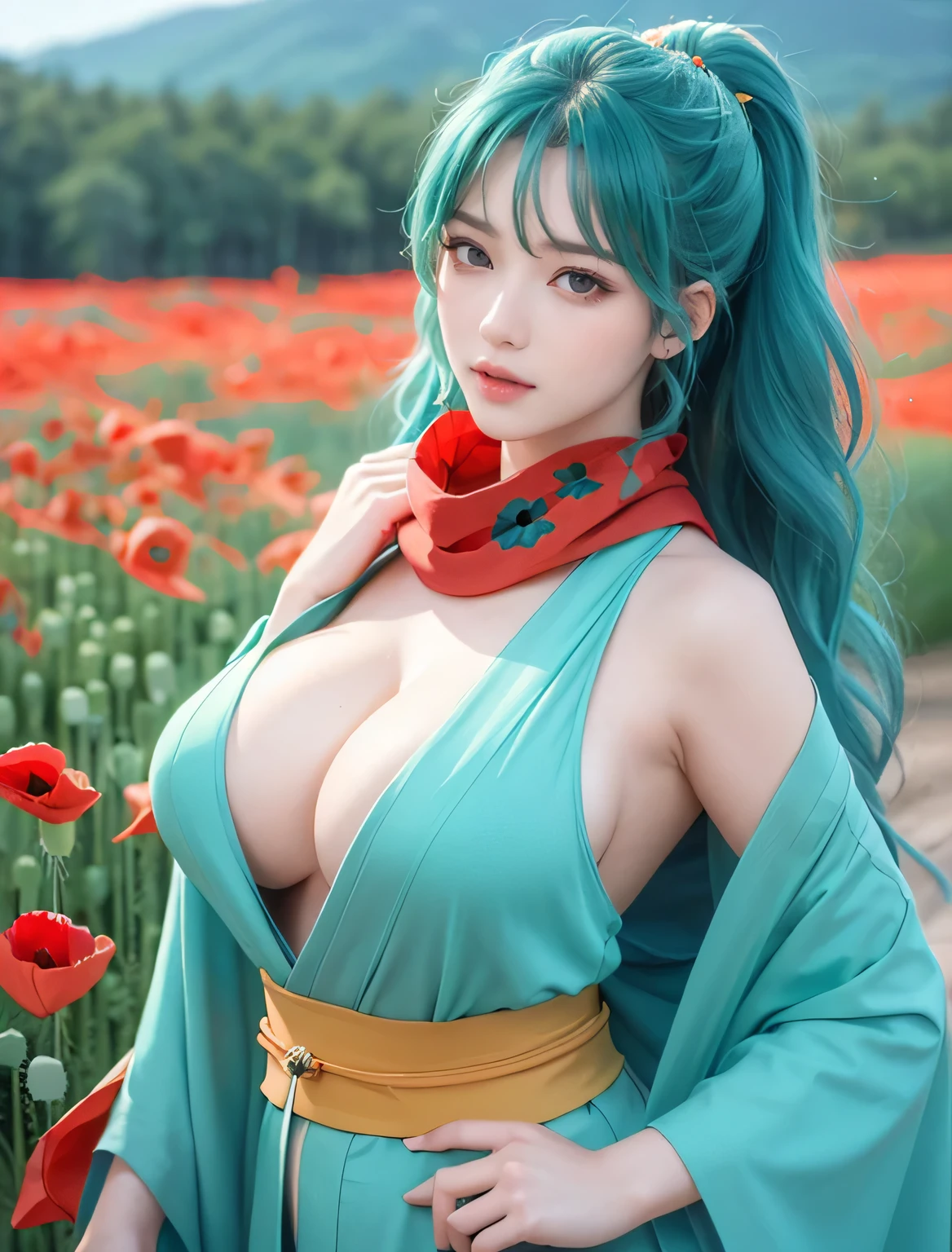 photorealistic, (4k), depth of field, (Masterpiece), (realistic skin texture), extremely detailed, intricate, hyper detailed, high resolution, professional photography, bokeh, sharp detail, best quality, woman,  green kimono, long hair, aqua hair, ponytail, red eyes, red scarf, large breasts, waving , open field,  (field of poppies:1.5), mountains in background, ((very Big breasts 1.9)), very Big breasts, bursting breast, ultra huge breast, large breast 