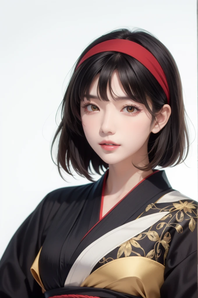 portrait, solo focus, solo, close-up, (white background, plain background, simple background:1.3), looking at viewer, (parted lips:1.2)
 tsukimichi_spider, 1girl, japanese clothes, kimono, yellow eyes, solo, gloves, short hair, bangs, blunt bangs, outdoors, black gloves, day, sky, cloud, looking at viewer, hairband, closed mouth, black kimono, obi, sash, upper body, black hair, spider web print, red hairband, long sleeves, bob cut, brown hair