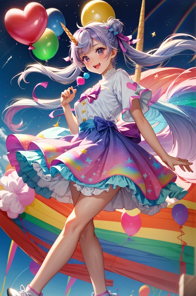 (whole body, legs and shoes visible: 1.2)) Expressive eyes, One girl, Pale skin, Long Hair, Windblown Hair, ((absurdly Long Hair)), Long Side Lock, Princess bangs, Hair bangs, Hair Bun, ((Very long twin tails)), Rainbow Hair, Light pink hair, blush, full face blush, big sparkling Pastel Purple eyes, (Gradient Eye), Laughing with your mouth open, cute pose, ((Holding a balloon : 1.3)) ((cute and pastel fashion)) ((🦄🎠🎈🎉 theme : 1.4)) A loose pastel dress, ((Dreamy multi-colored open dress)), (Floating ribbon), Lavender Frill, Pink frills, (Light blue lace), Removable short sleeves, Fluffy skirt, ((Rainbow and star printed skirt : 1.3)), Lolita Skirt, Purple ribbon, ((pom pom ribbon hair ornament : 1.4)), Multiple Bows, Striped lace stockings, (heart型のレッグガーター), cute (Pastel Purple) shoes ((Ultra-detailed clothing and fashion)) I&#39;m watching you, Vintage Girl, blush, (Beautiful attention to detail), (Highly detailed CG Unity 8k wallpaper) (Best Shadow), ((Very delicate and beautiful)), (Detailed light), ((Depth of written boundary)) Big Head, Big, bright eyes, Moe, Splash Art, Cinema Lighting, Front view, volumetric lighting maximalist photo illustration k resolution high resolution intricate detailed complex key visuals precise linear ((Dreamy pastel sky background, Surrounded by sunset clouds, shooting star, Castle above the clouds)) ((Ultra-detailed landscapes, Foggy clouds, Hung by balloons, heart : 1.3))